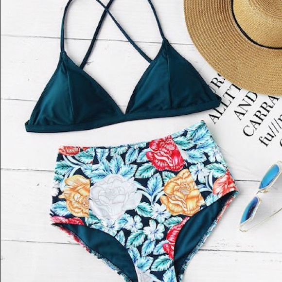 Teal bikini with floral high waist - Picture 4 of 6